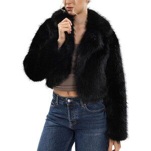 Women's Faux Fur Crop Lapel Jackets Open Front Long Sleeves Coat Pockets Black